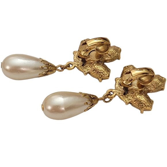 1928 Brand Faux Pearl Dangle Clear Rhinestones Clip-On Earrings 1.8” L E212 - Picture 3 of 9